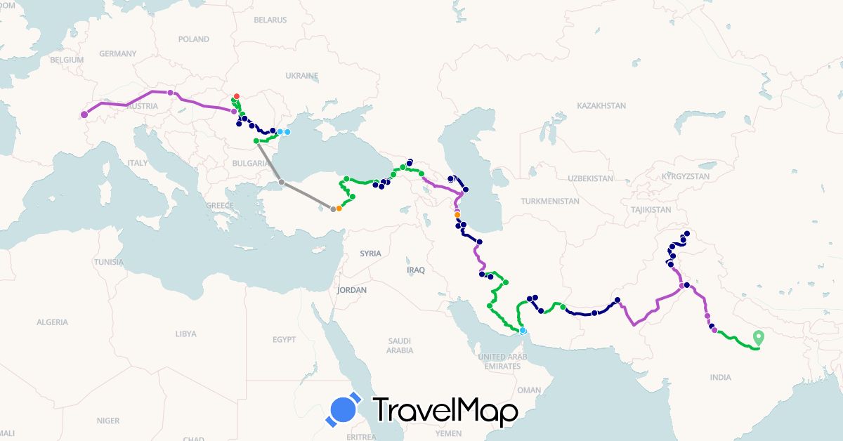 TravelMap itinerary: driving, bus, plane, train, hiking, boat, hitchhiking in Austria, Azerbaijan, Switzerland, Georgia, India, Iran, Pakistan, Romania, Turkey (Asia, Europe)